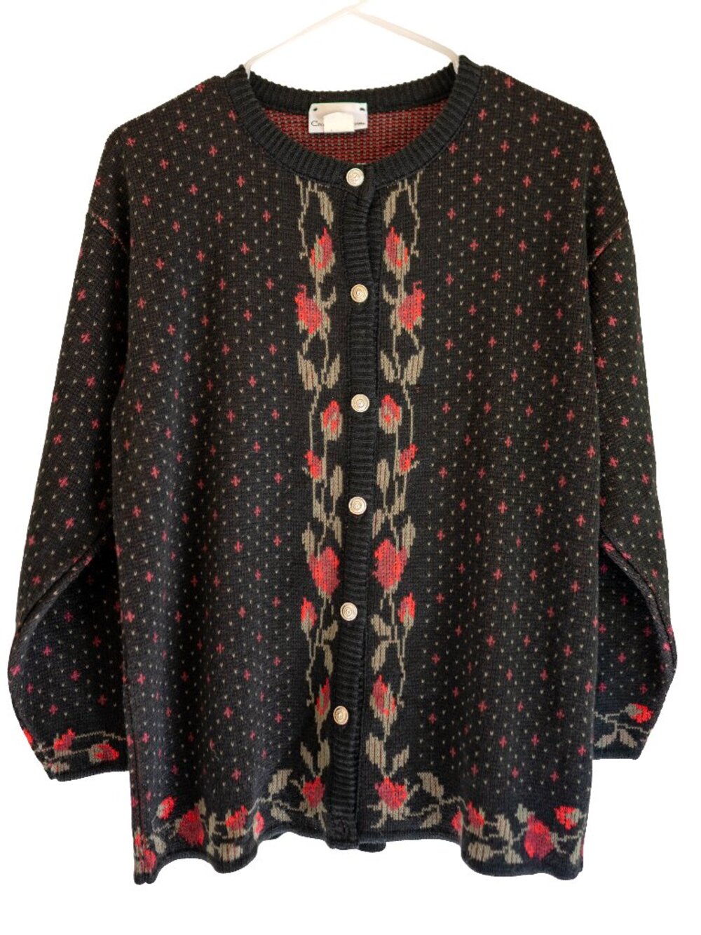 Vintage Croft & Barrow Knit Cardigan Black and Red Rose Design - Size Small